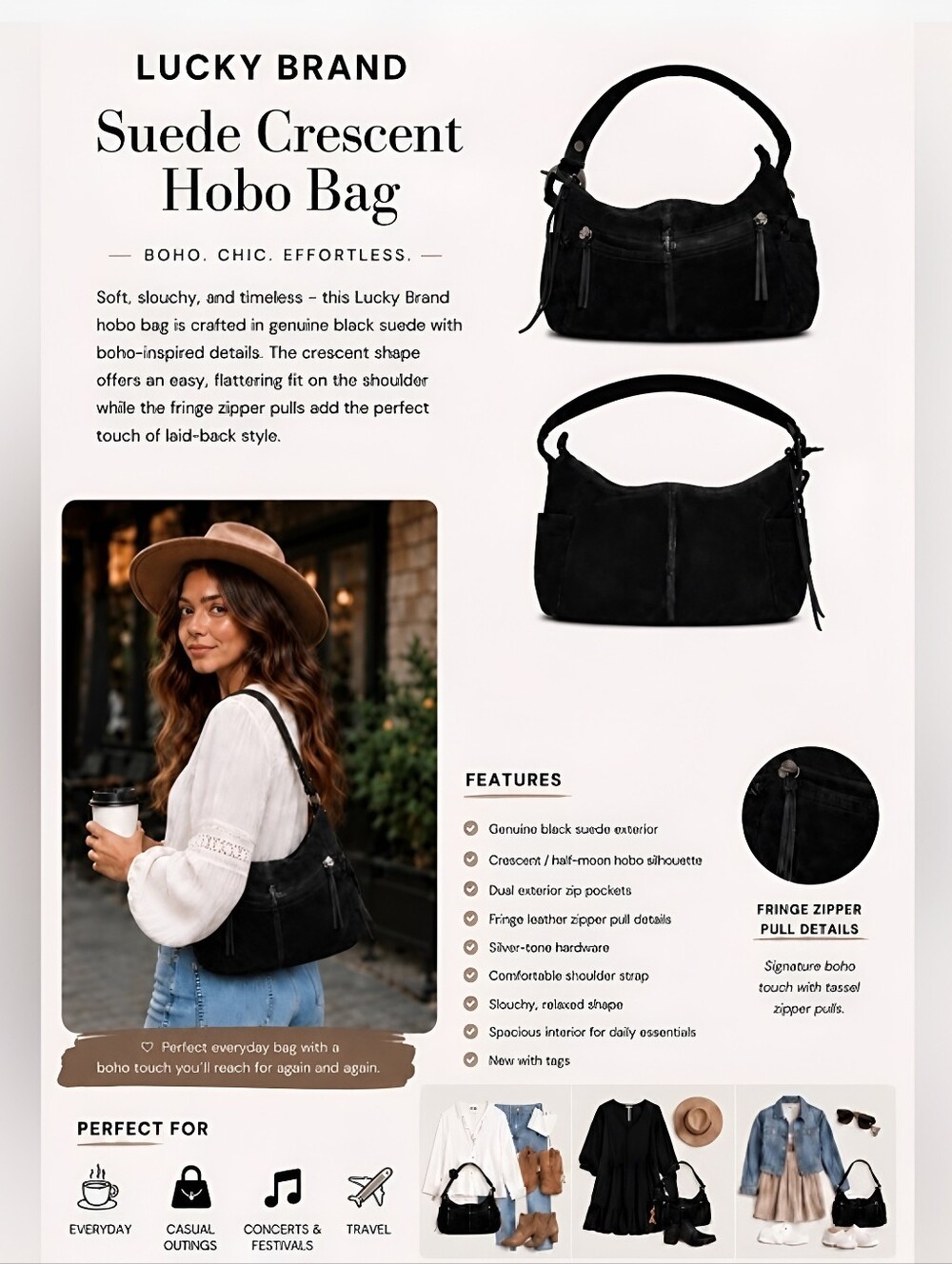 Lucky Brand Black Suede Crescent Hobo Bag
